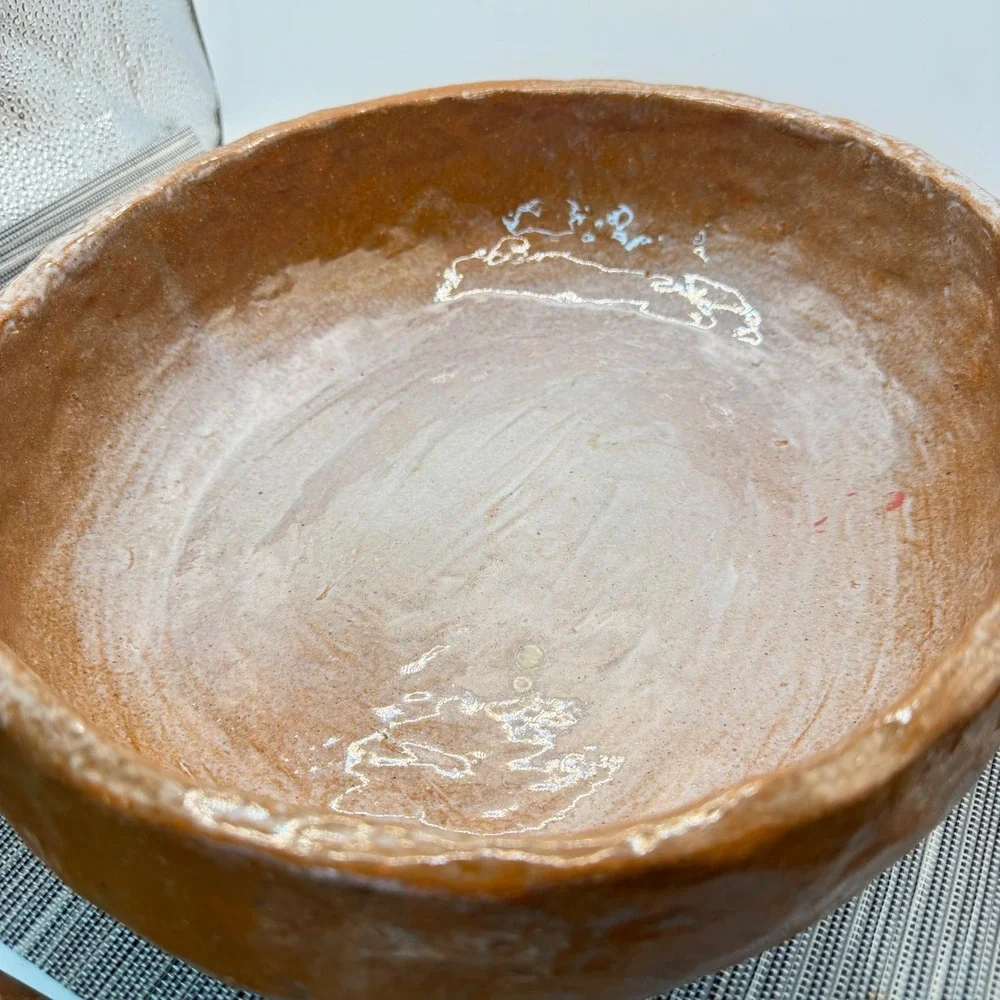 Signed Studio Pottery Terracotta Bowl Handcrafted Rustic Organic 12 inch Brown